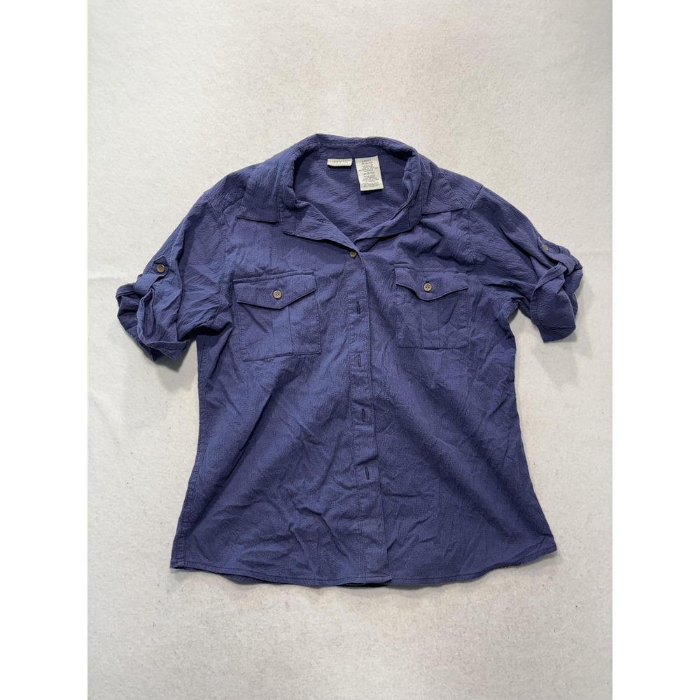 White Stag Womens Medium Blue Button Up Shirt Roll Tab Sleeve Stretch WSS11519